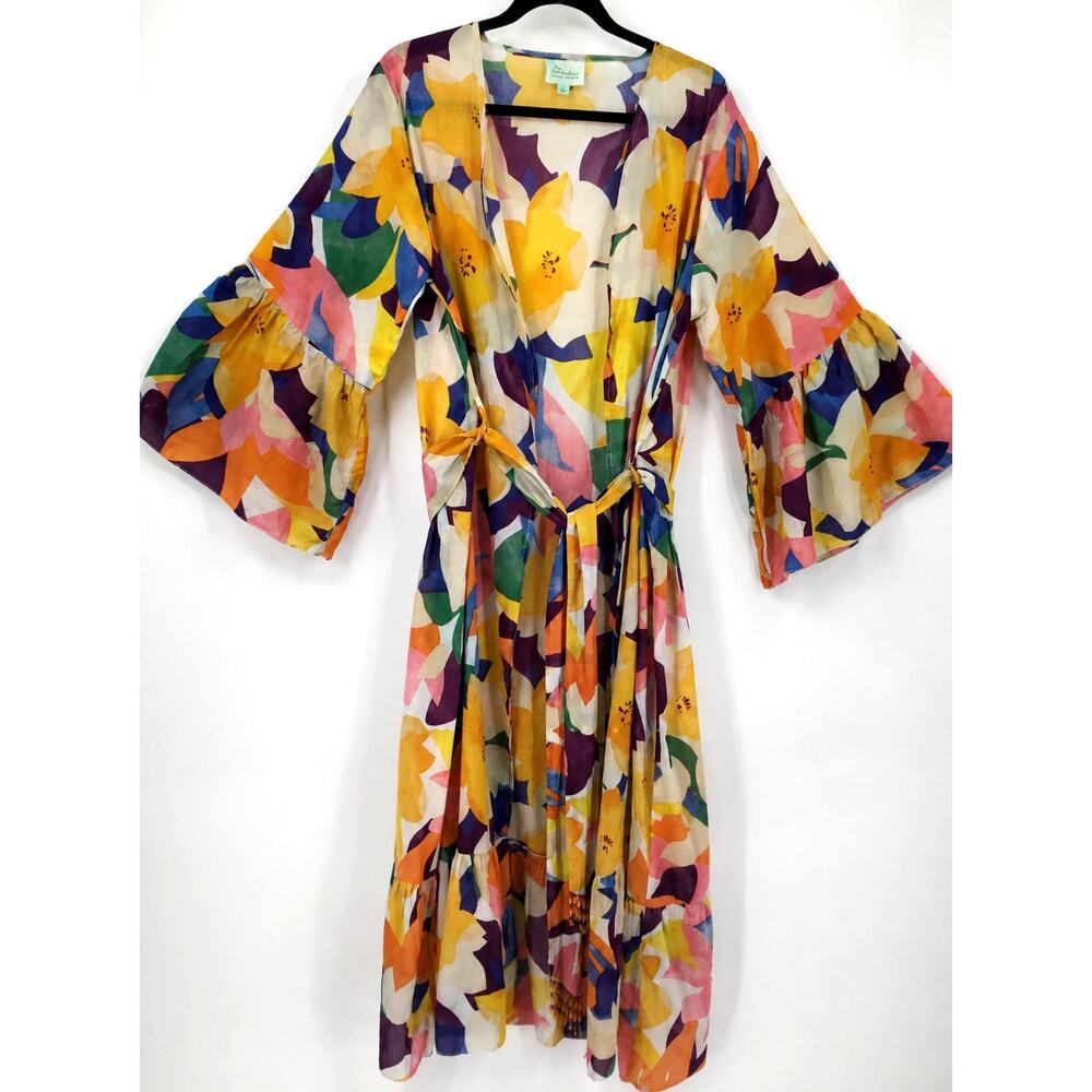 True Destinations Floral Kimono Cover Up Size L Boho Beach Resort Duster Wrap